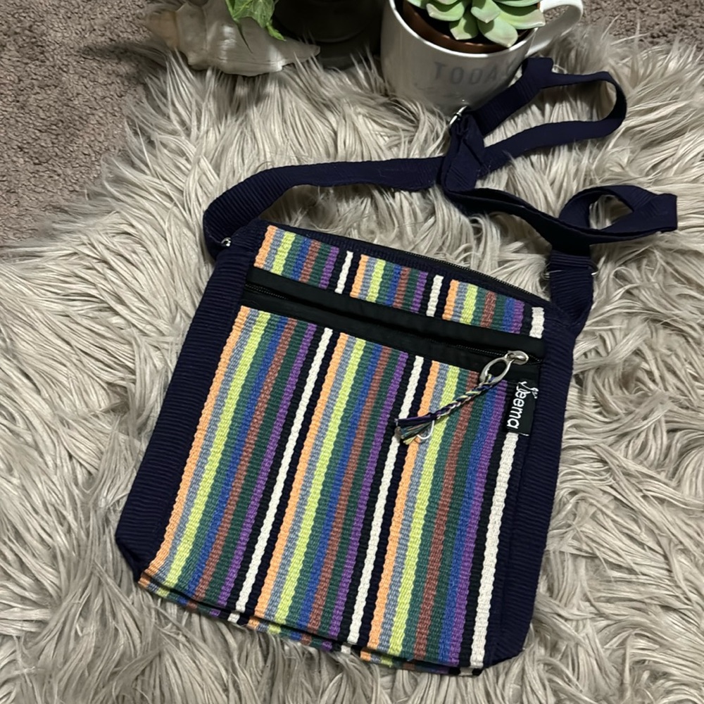 Seema Crossbody Bag-Cotton Cloth-Navy with Multi Stripe Detail-EUC-9x9